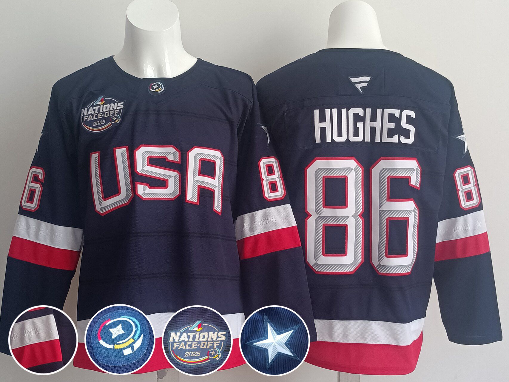 Men USA #86 Hughes Blue 2025 Fanatics Home Premium NHL Jersey